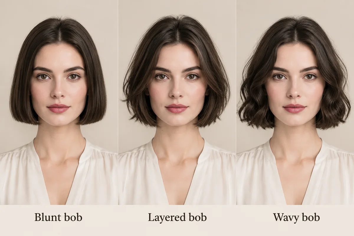 Three-panel comparison of the same model with a blunt bob, a layered bob and a wavy bob in dark brown hair