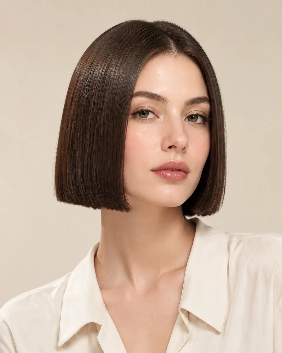 Adult model with a one-length blunt bob ending at the jaw in dark brown hair