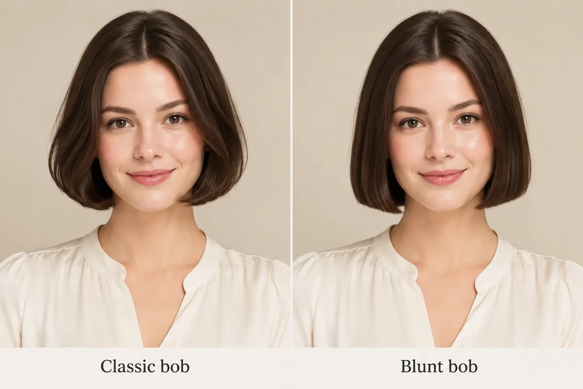 Two-panel comparison of the same model with a classic bob and a blunt bob at chin length in dark brown hair