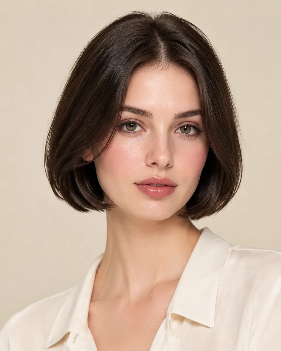 Adult model with a chin-length classic bob in dark brown hair, warm ivory blouse