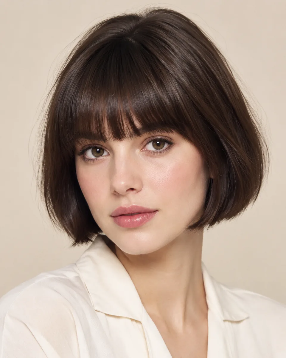 Adult model with a jaw-length French bob and a full straight fringe in dark brown hair