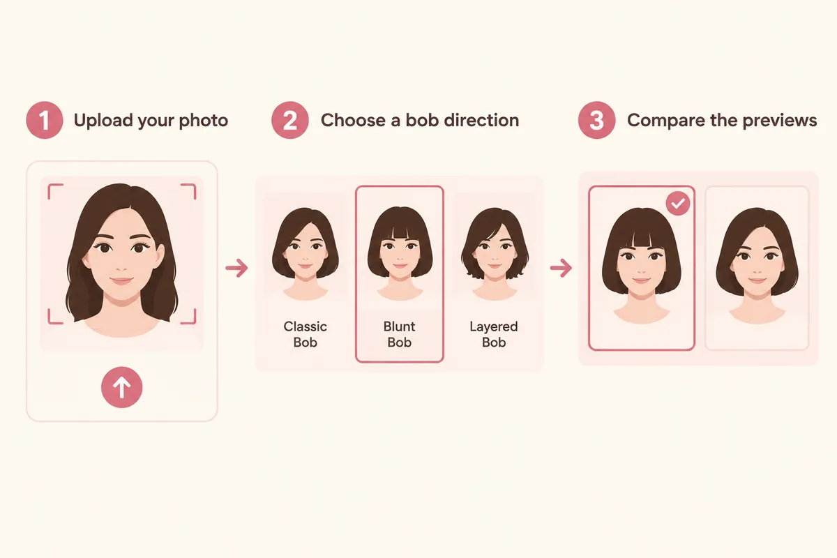 Three-step illustration of uploading a portrait photo, choosing a bob direction and comparing bob previews on the same face