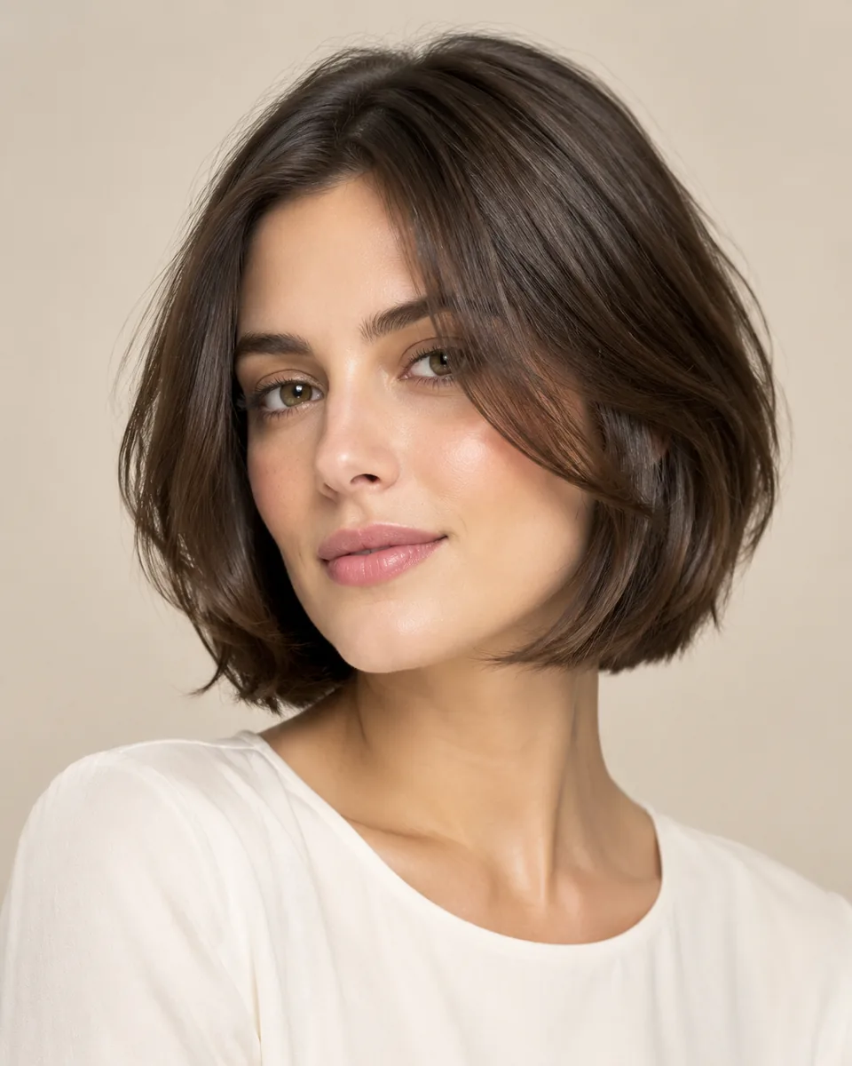 Adult model with a layered bob and face-framing pieces in dark brown hair