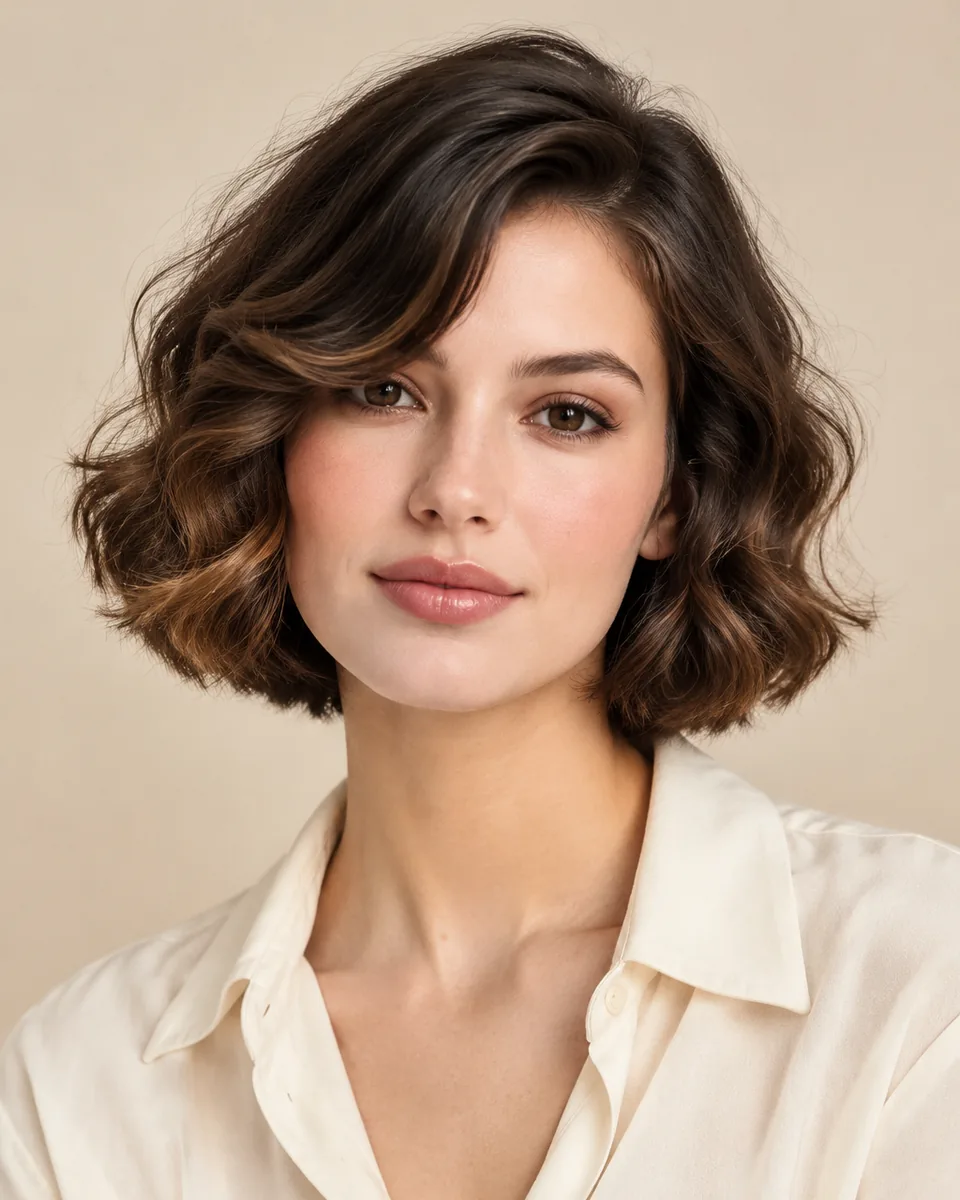 Adult model with a chin-length wavy bob and a soft side part in dark brown hair
