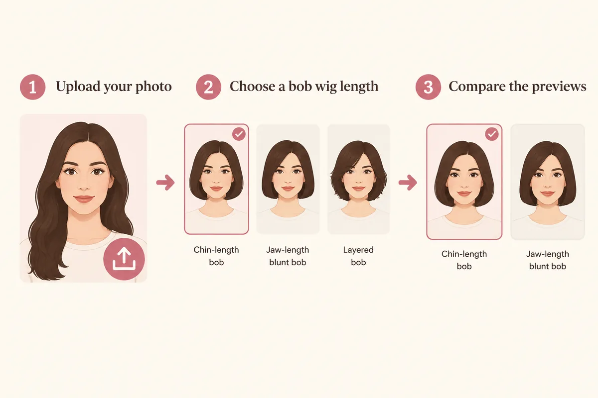 Three-step illustration of uploading a portrait photo, choosing a bob wig length and comparing bob previews on the same face