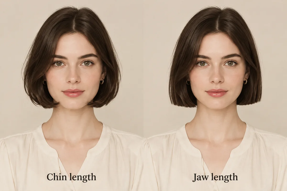 Two-panel comparison of the same model with a chin-length bob and a jaw-length blunt bob in dark brown hair