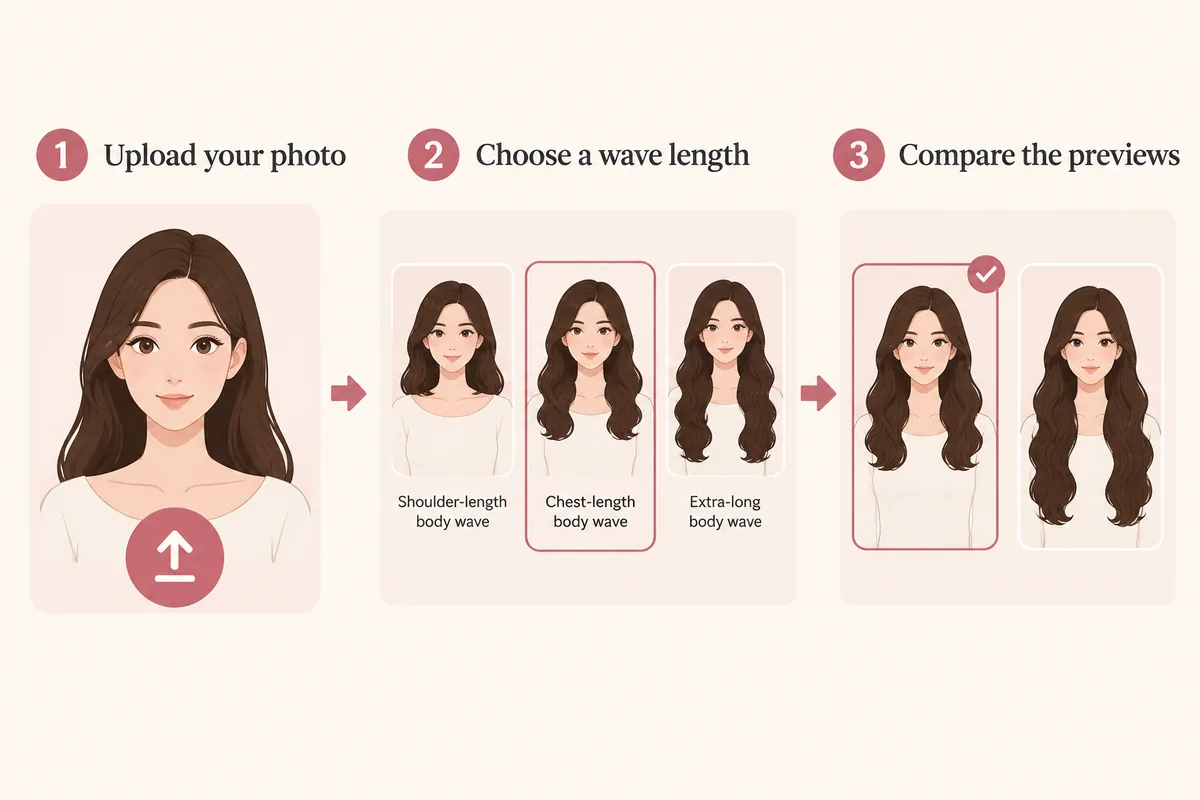 Three-step illustration of uploading a portrait photo, choosing a body wave length and comparing wave previews on the same face