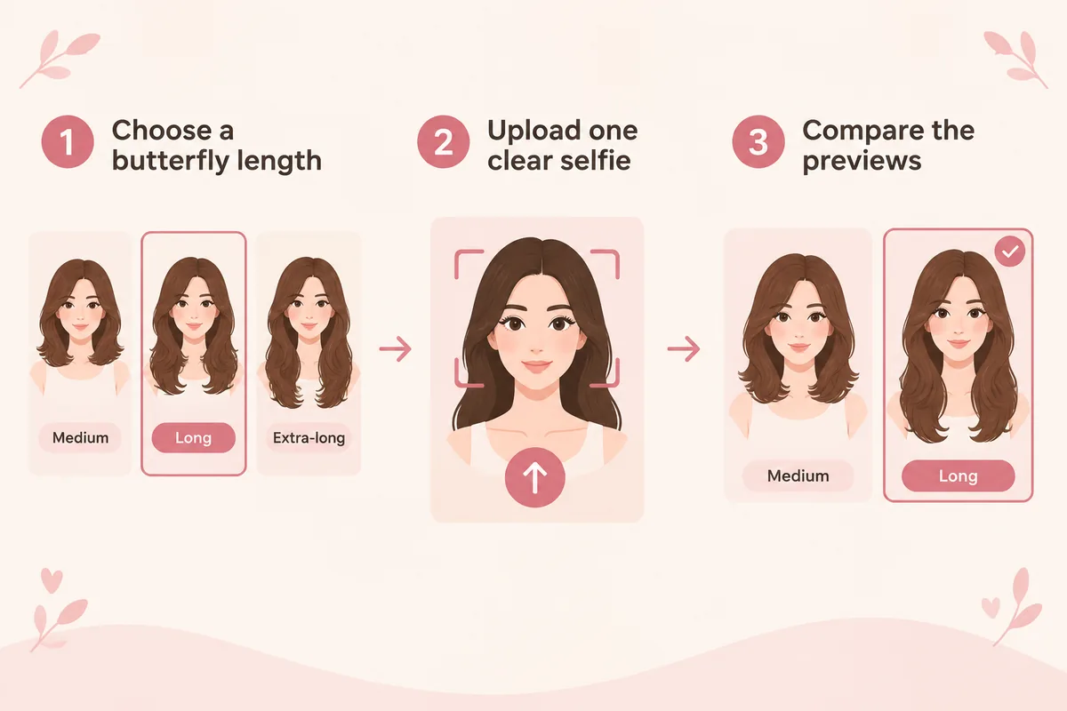 Three-step illustration of choosing a butterfly cut length, uploading a portrait photo and comparing butterfly cut previews on the same face
