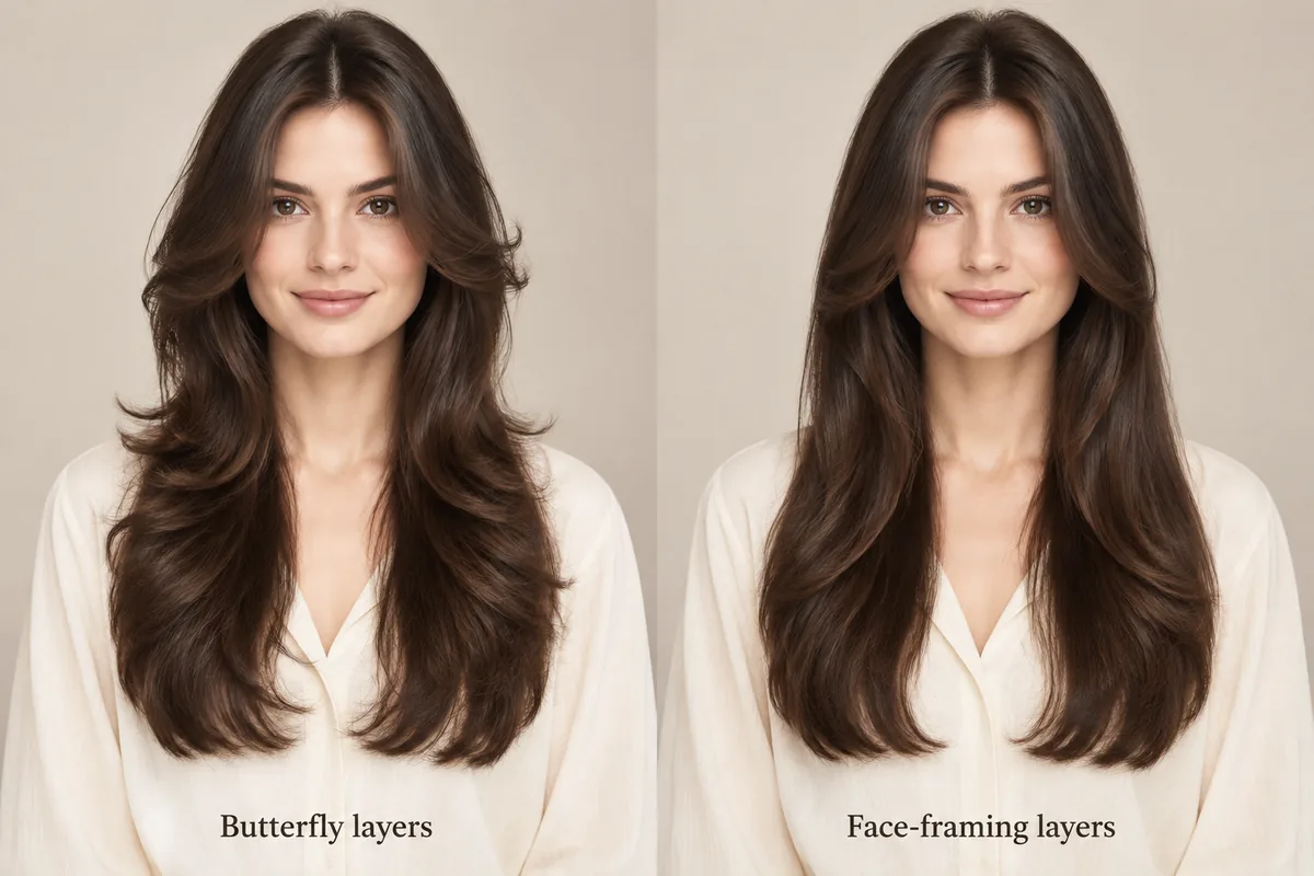 Two-panel comparison of the same woman with butterfly layers that keep the full length and with face-framing layers that change only the front