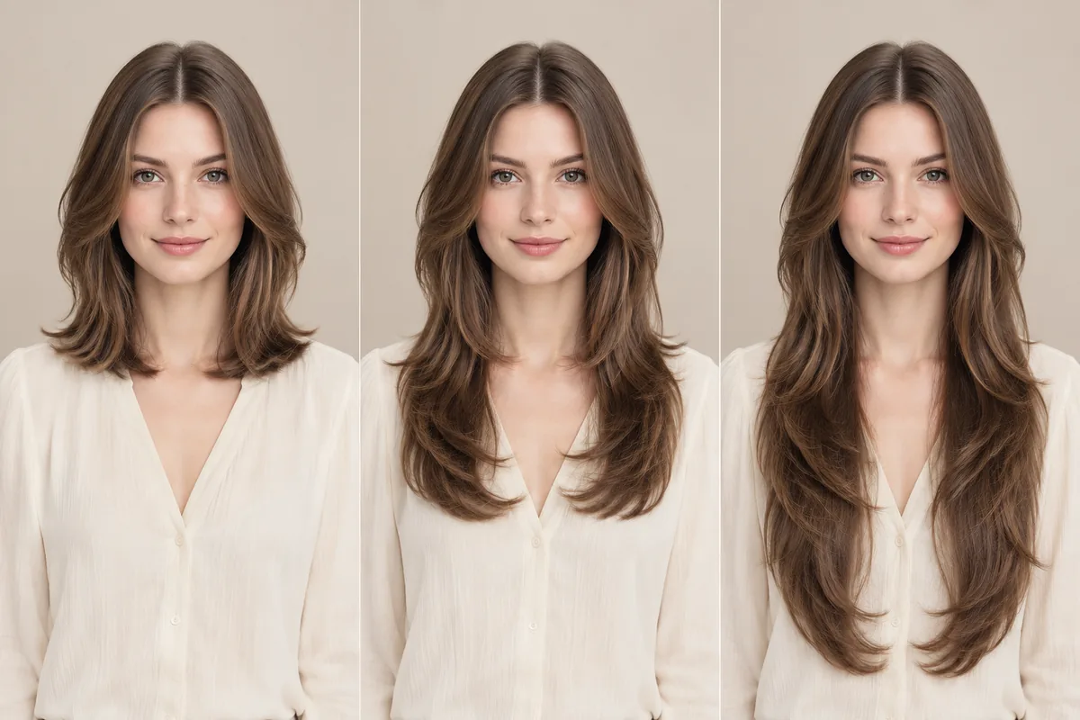 Three-panel comparison of the same woman wearing a butterfly cut at medium, long and extra-long lengths with the part kept identical