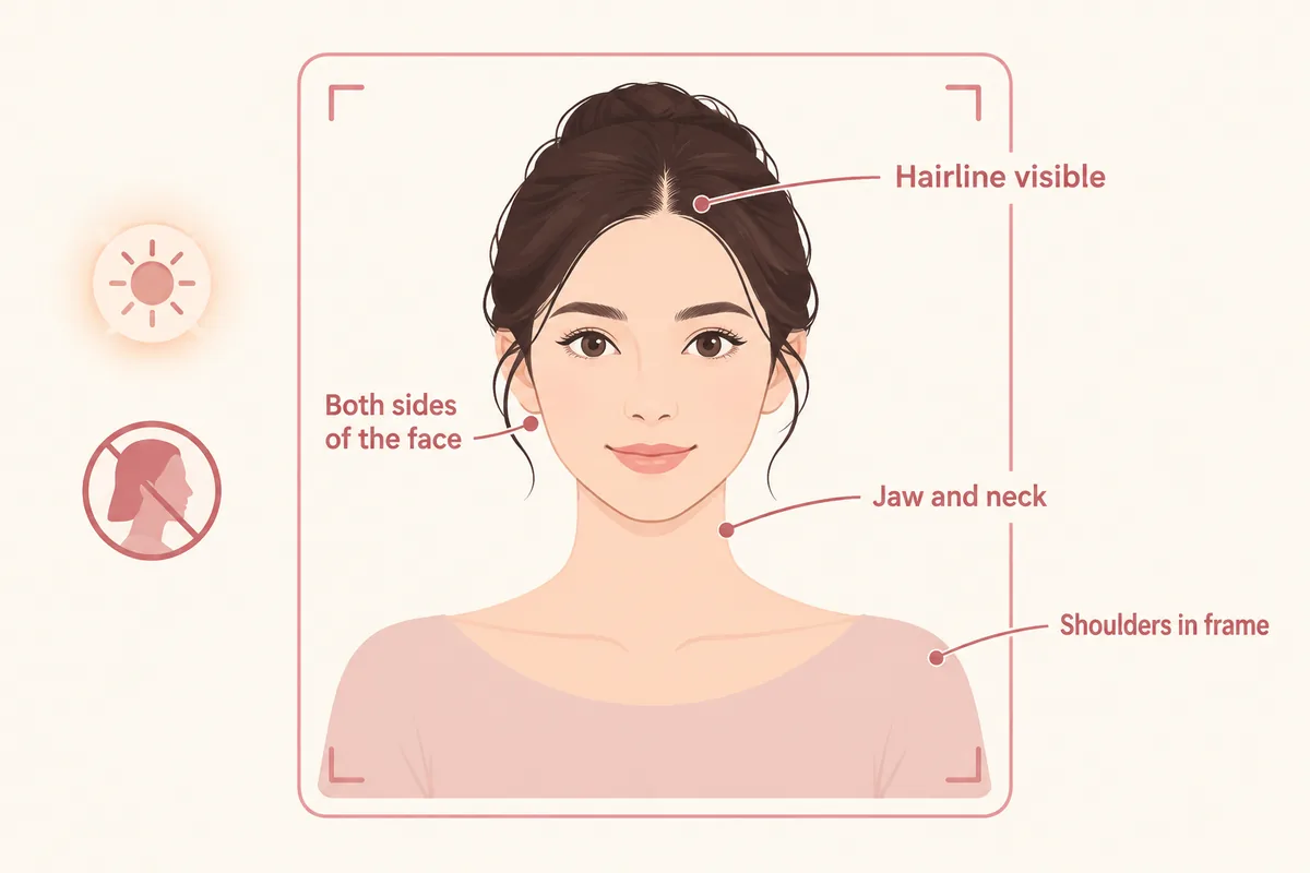 Illustration of a front-facing portrait framed so the hairline, both sides of the face, jaw and shoulders stay visible for a butterfly cut preview