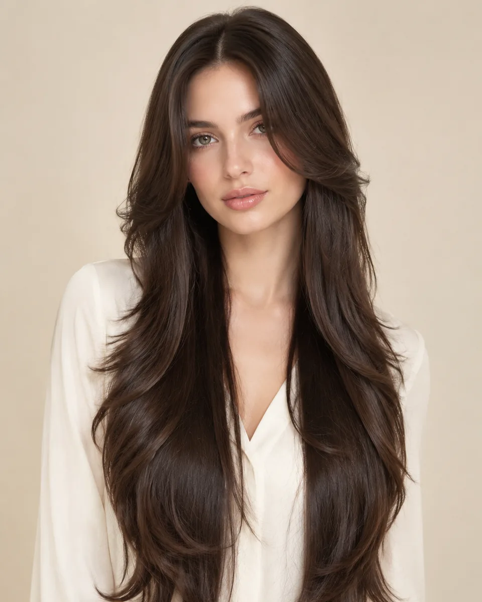 Adult model with an extra-long butterfly cut, long stretched layers below the chest in dark brown hair