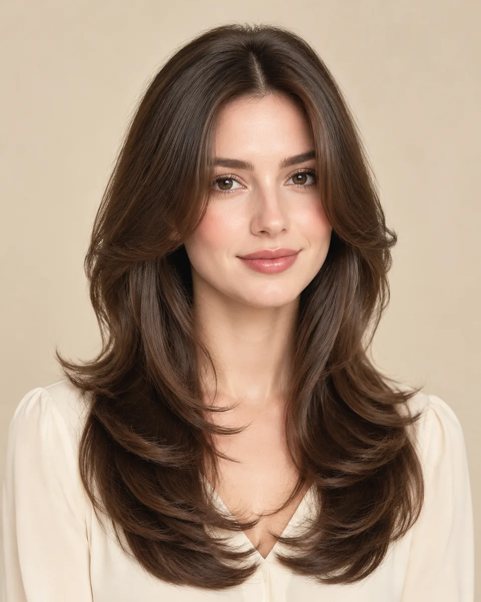 Adult model with a long butterfly cut, soft long layers reaching the chest in dark brown hair