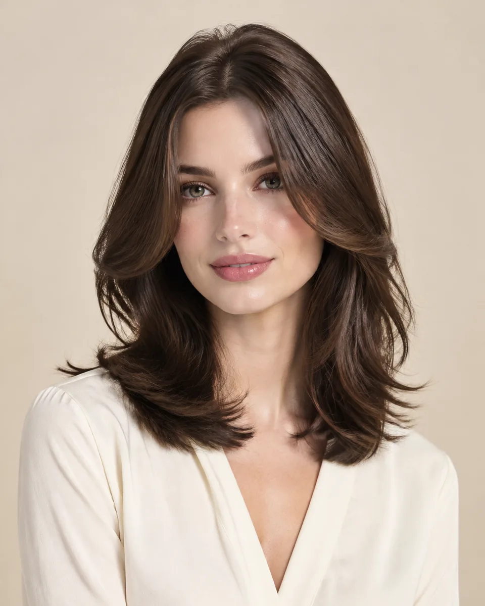 Adult model with a medium-length butterfly cut, soft long layers and face-framing pieces in dark brown hair