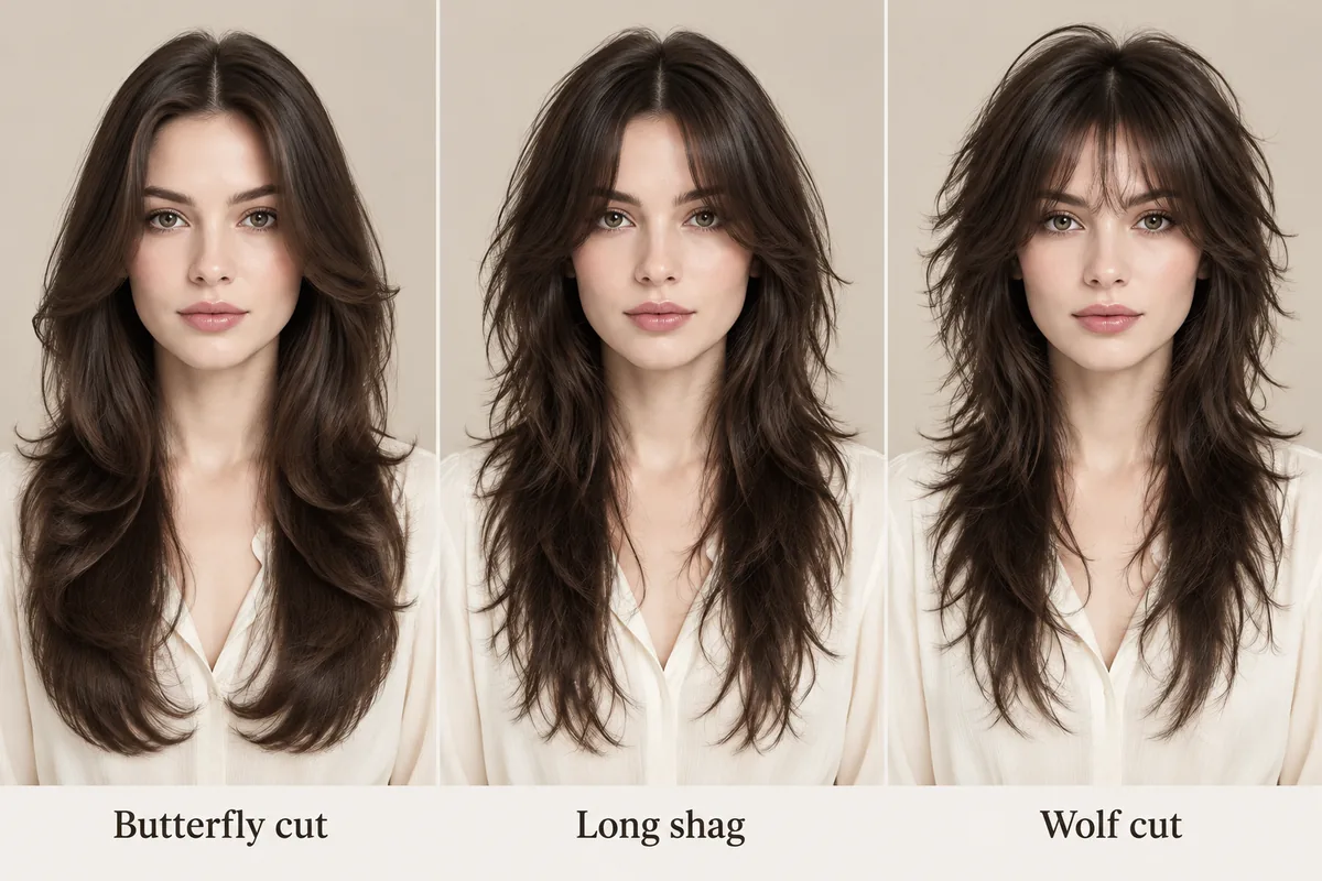 Three-panel comparison of the same woman with a butterfly cut, a long shag with curtain bangs and a wolf cut with wispy bangs