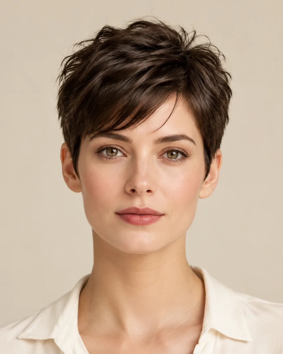 Adult model with a classic dark brown short pixie cut, cropped sides and a short piecey fringe