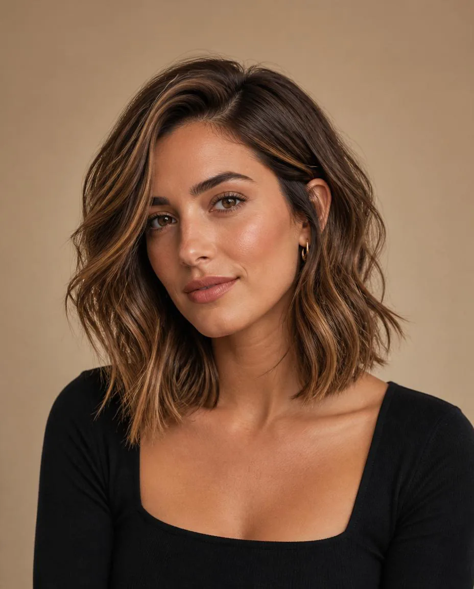 Textured long bob portrait with soft waves and a flexible collarbone length