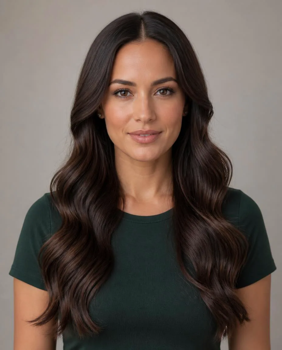 Adult woman with long dark chocolate body wave hair in broad S-shaped bends