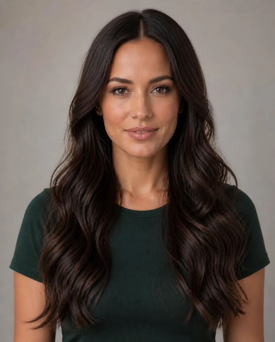 Same adult woman with long dark chocolate loose wave hair in relaxed, separated bends