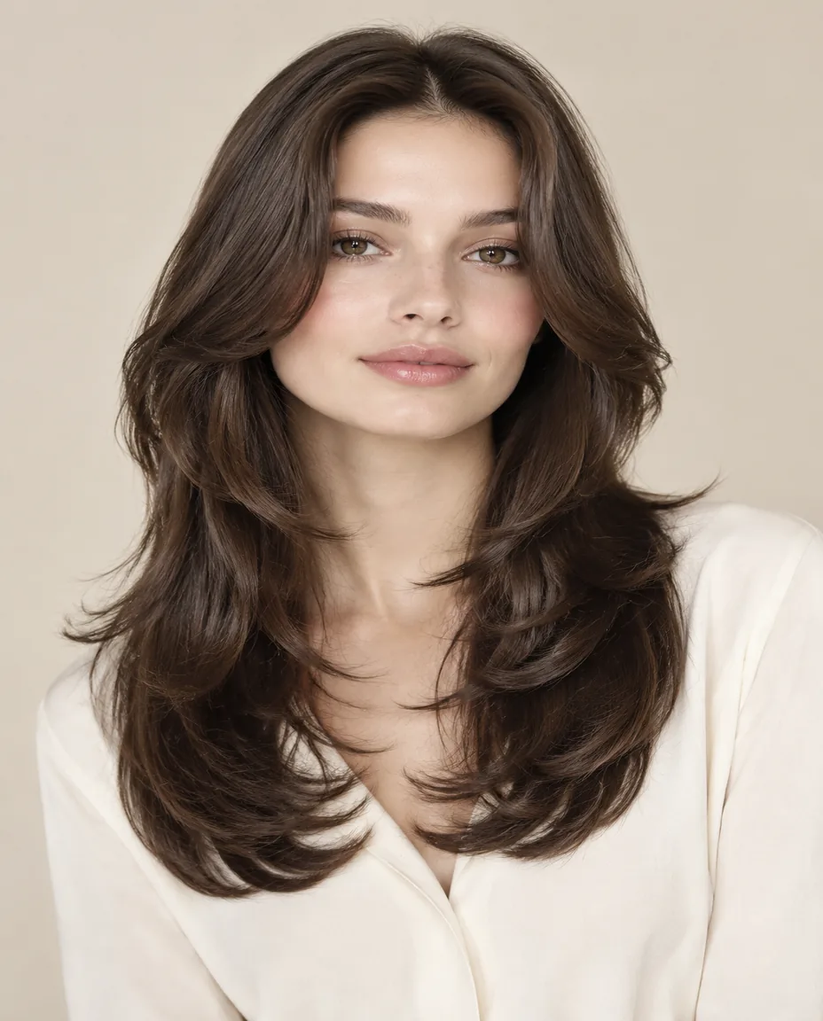 Adult woman with a long butterfly cut, soft long layers reaching the chest and light face-framing pieces