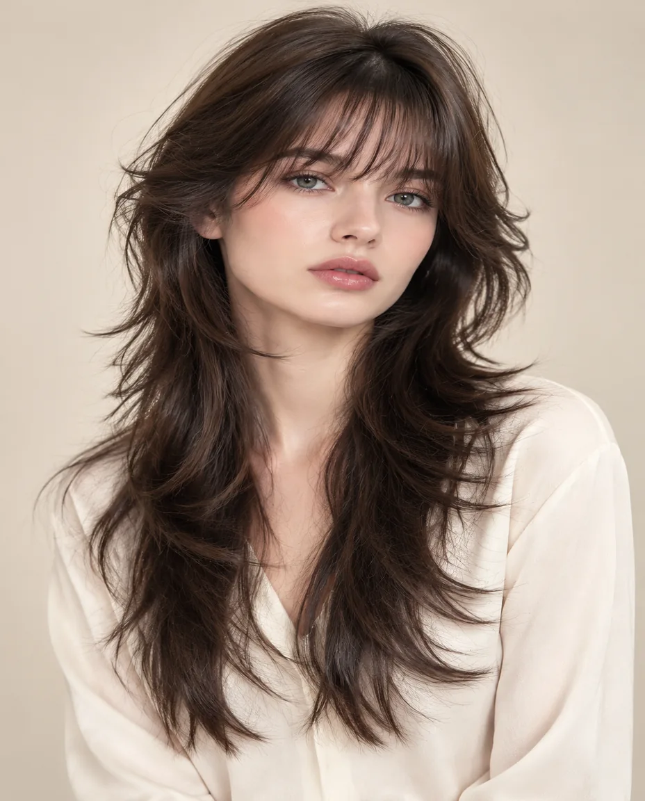 Adult woman with a long wolf cut, choppy layered crown volume and airy wispy bangs