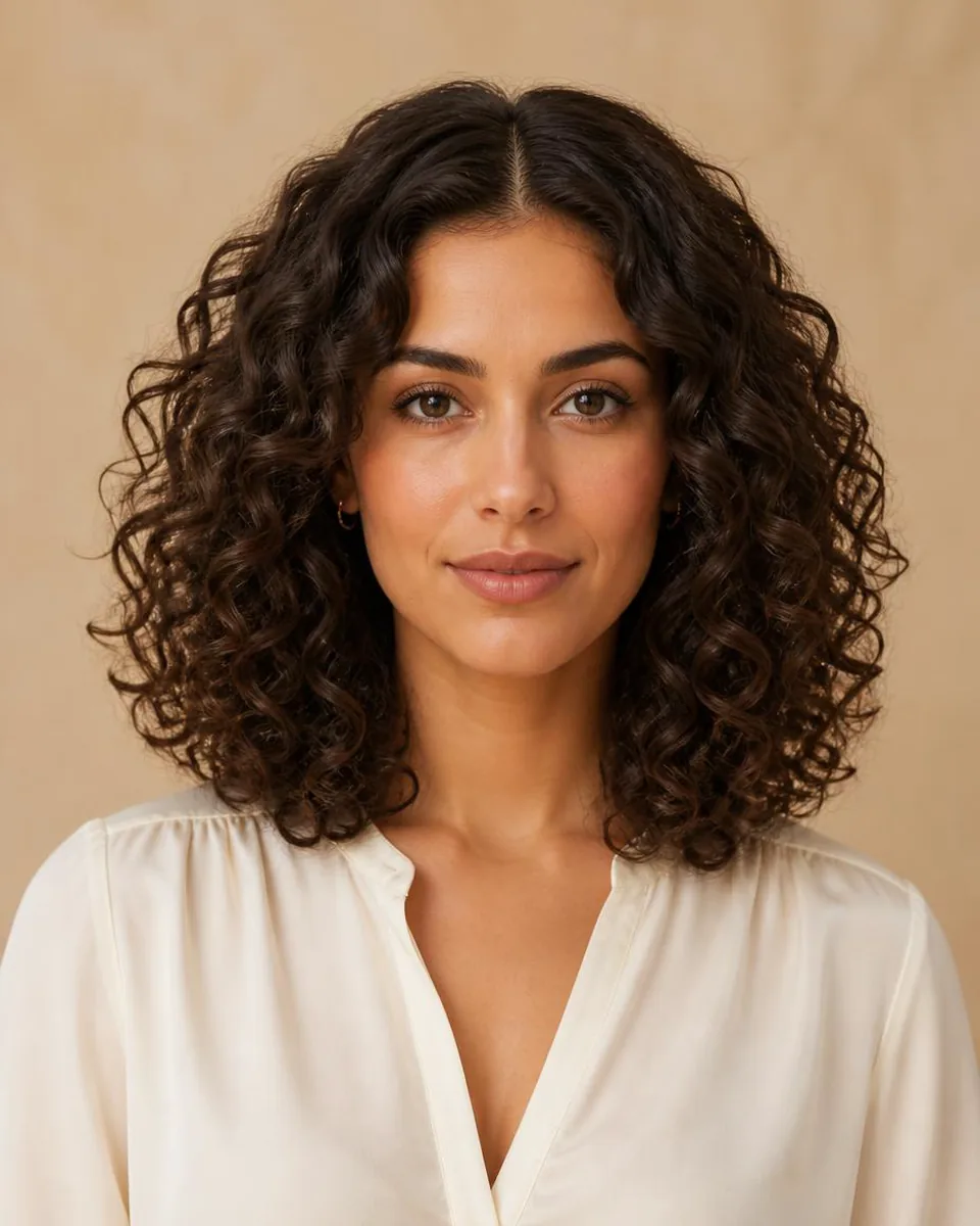 Woman with medium-length dark brown defined curls, wearing a warm ivory blouse
