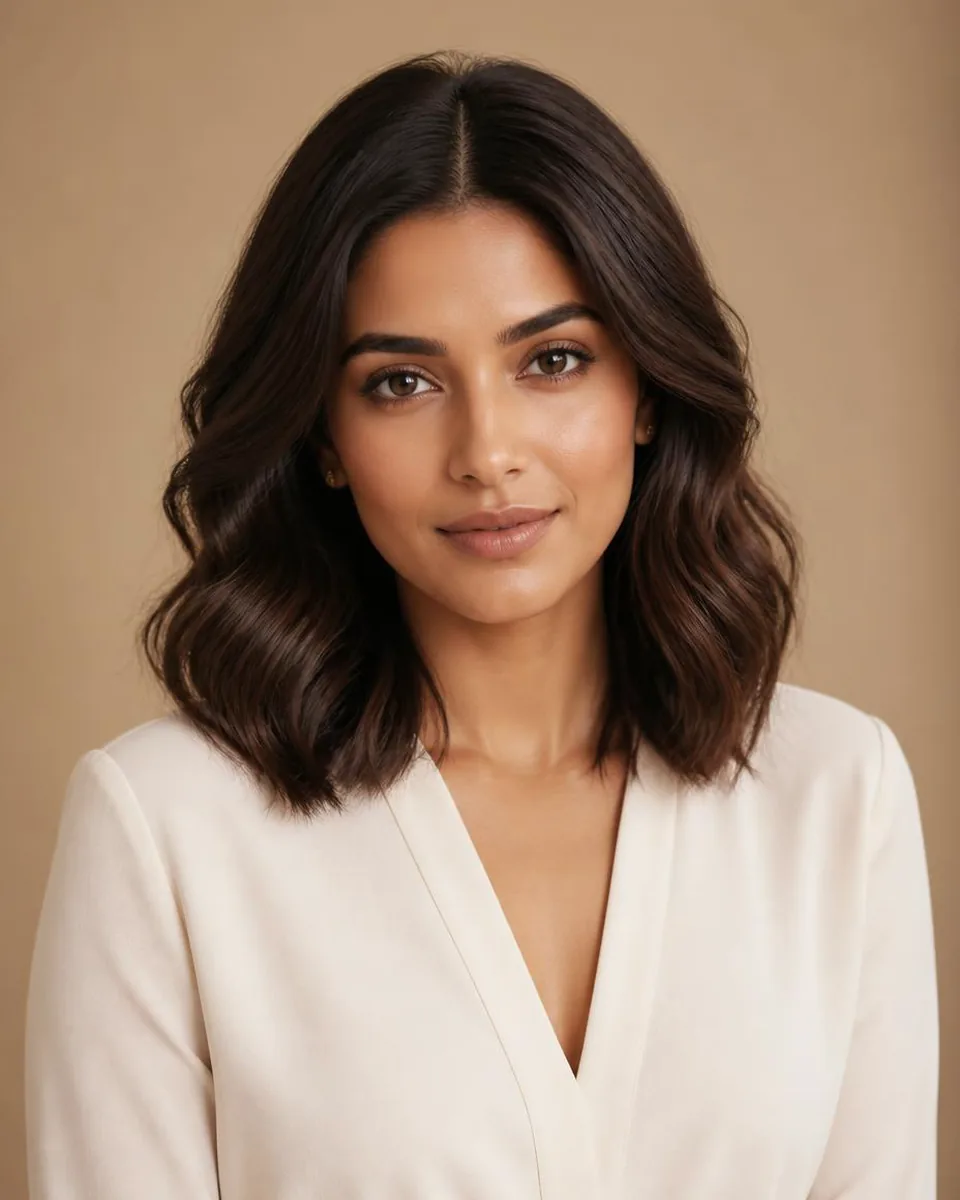 Same woman with medium-length dark brown open S-shaped waves, wearing a warm ivory blouse