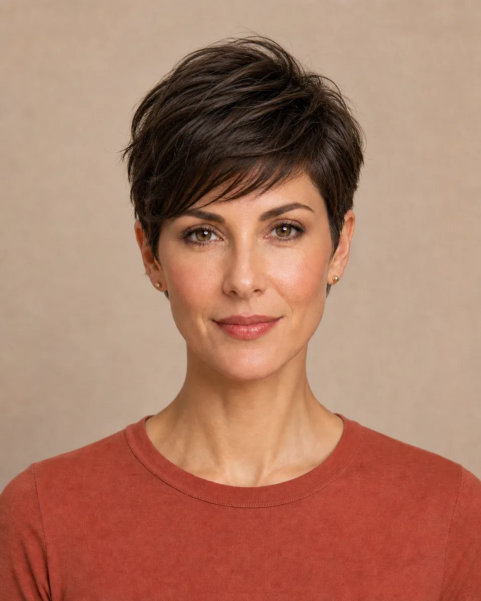 Same adult woman with a dark brunette long pixie, longer fringe, and visible ears