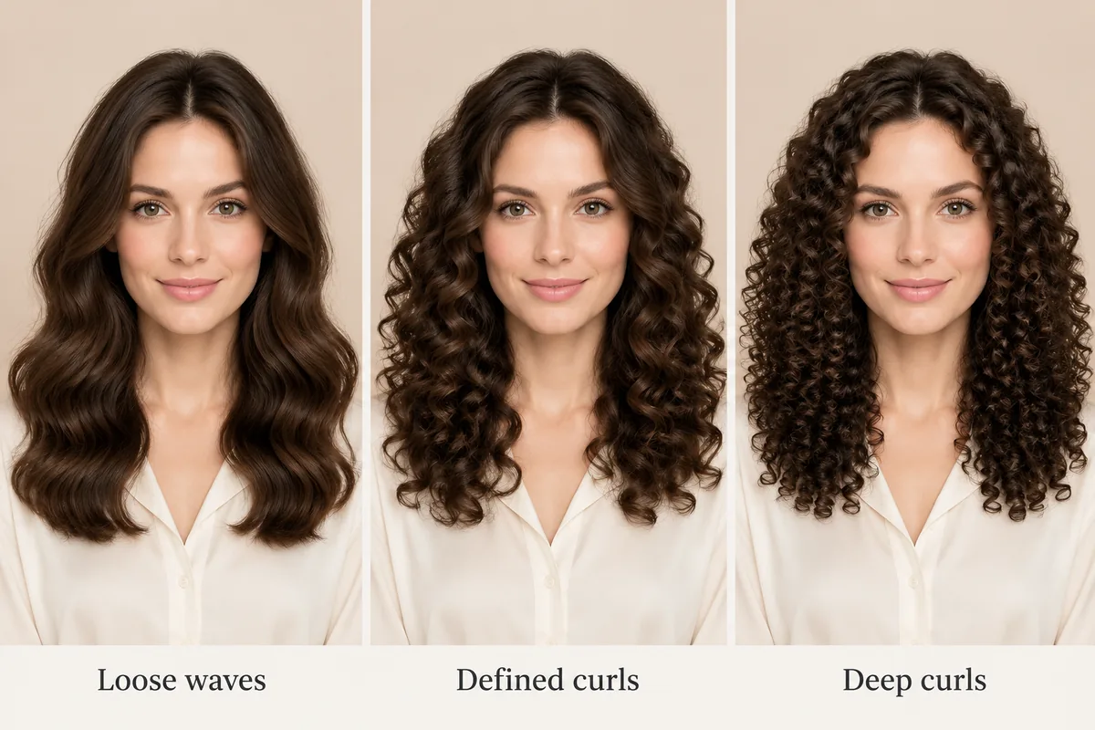 Three-panel comparison of the same model with loose waves, defined curls and deep curls in dark brown hair