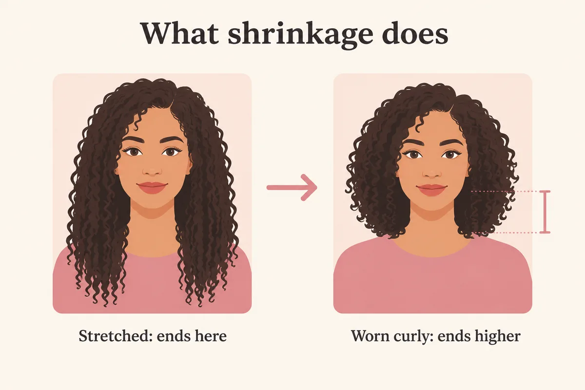 Diagram comparing a stretched curly hairstyle with the same hair worn curly to show how shrinkage raises the ends