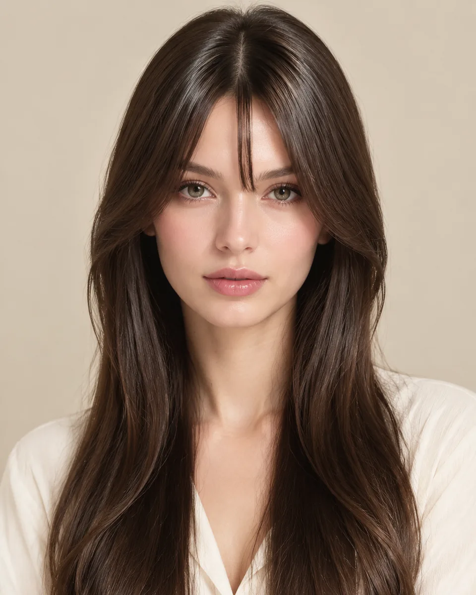 Adult model with bottle-neck curtain bangs and a narrow centre section in dark brown hair