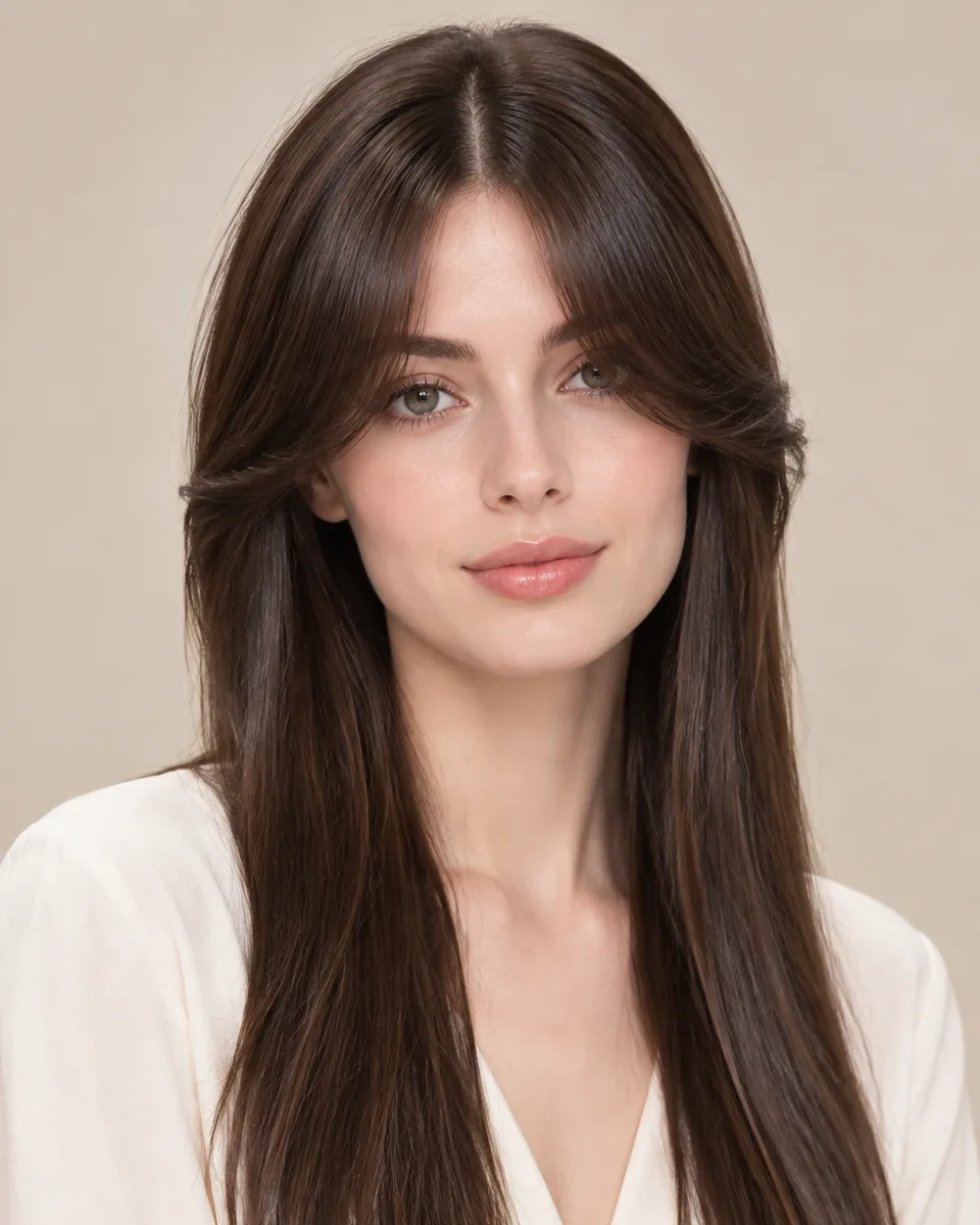 Adult model with curtain bangs with a defined centre opening and outward sweep
