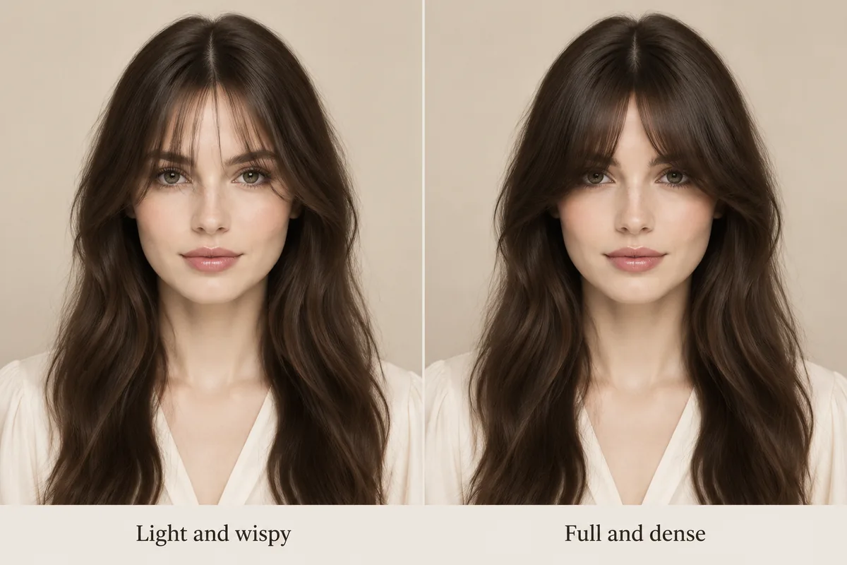Two-panel comparison of the same model with light wispy curtain bangs and full dense curtain bangs in dark brown hair