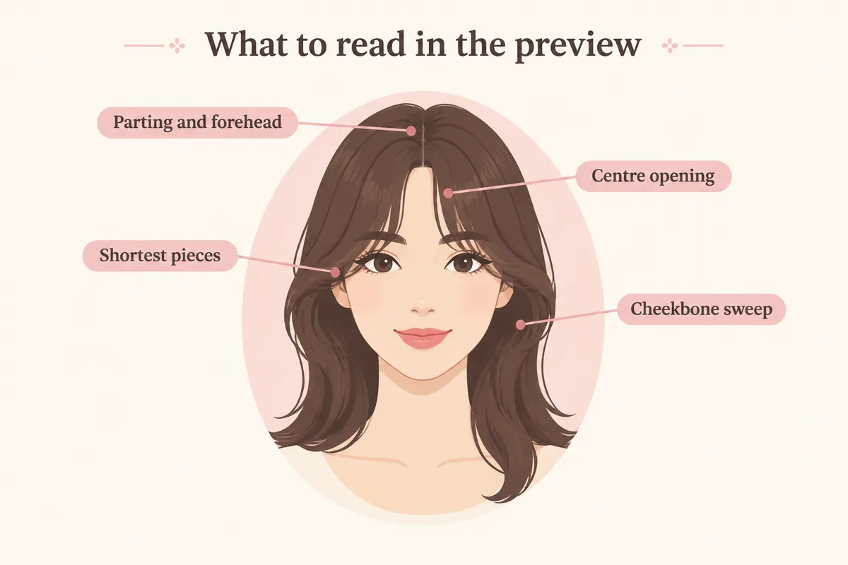 Labelled diagram marking the centre opening, shortest pieces, cheekbone sweep and visible parting in a curtain bangs preview