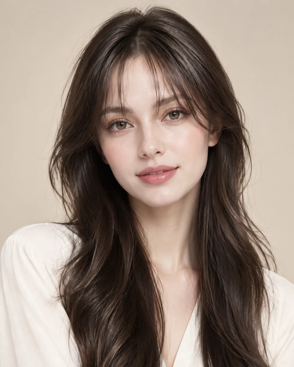 Adult model with light wispy curtain bangs showing separated strands in dark brown hair