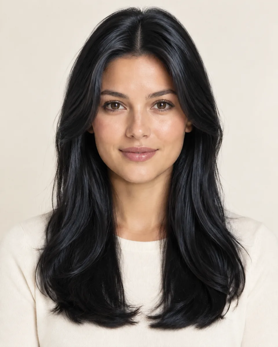 Same model with long layered hair previewed in natural black