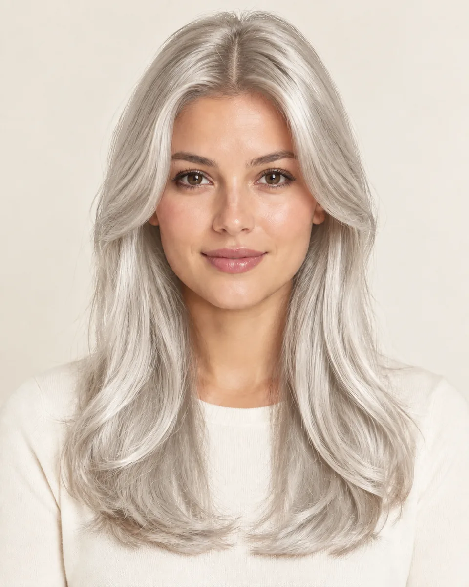 Same model with long layered hair previewed in platinum blonde