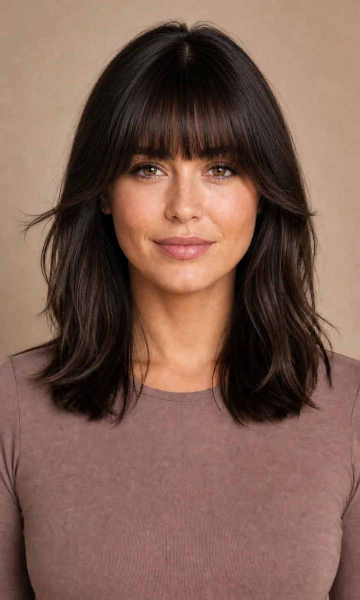 Same brunette model with dense full bangs covering the forehead