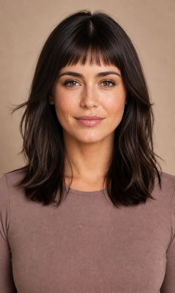 Same brunette model with short micro bangs above the eyebrows