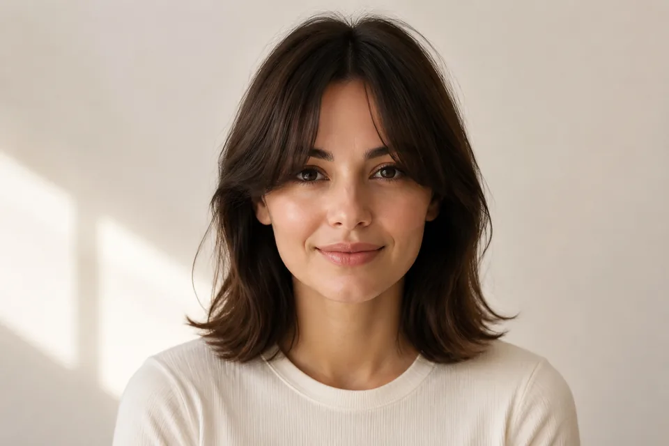 Adult woman with soft center-parted curtain bangs at shoulder length in warm studio light, landscape crop
