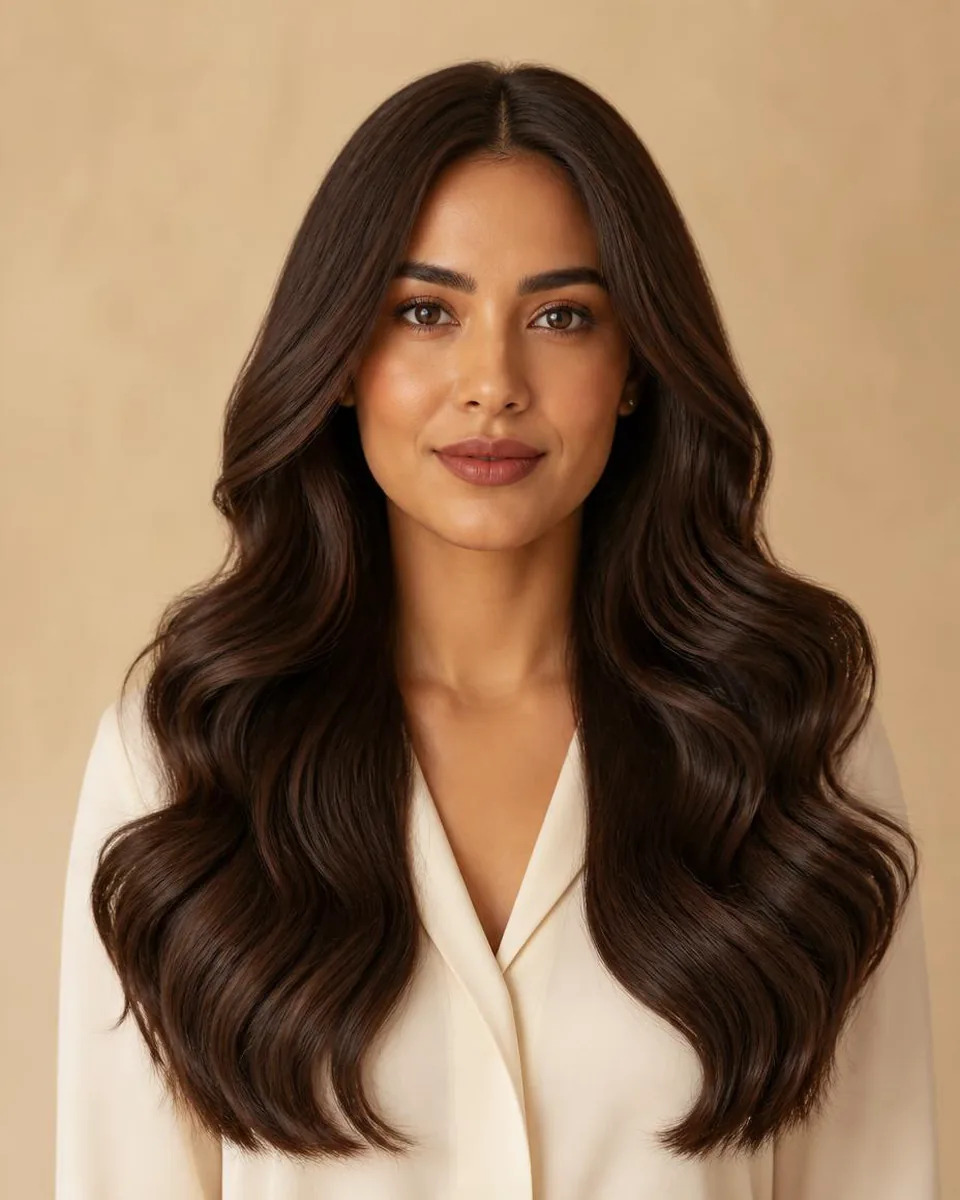 Woman with long dark brown body wave hair with broad soft bends, wearing a warm ivory blouse