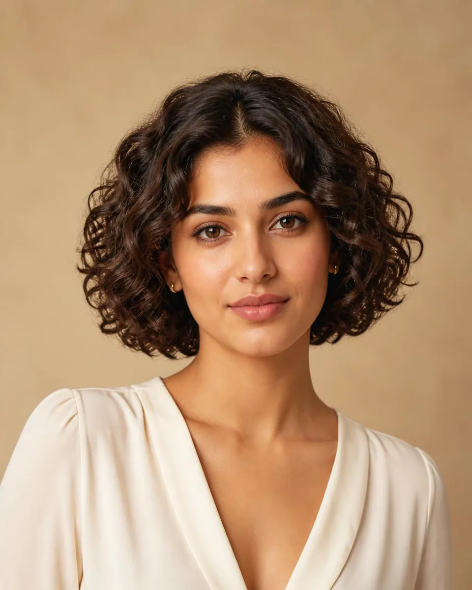 Woman with a dark brown curly bob with a rounded silhouette, wearing a warm ivory blouse