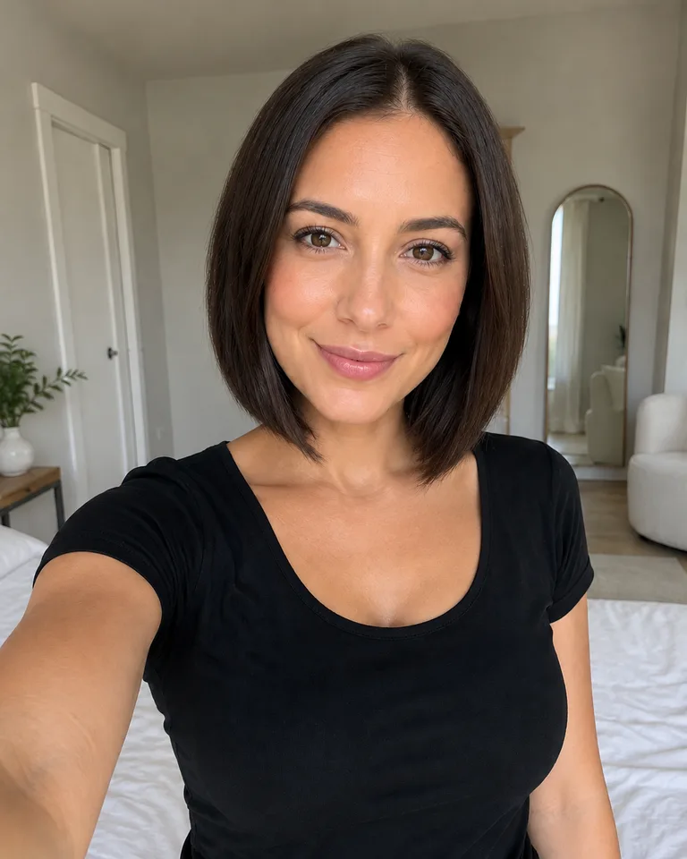 AI-generated preview of the same woman with a dark brown angled bob