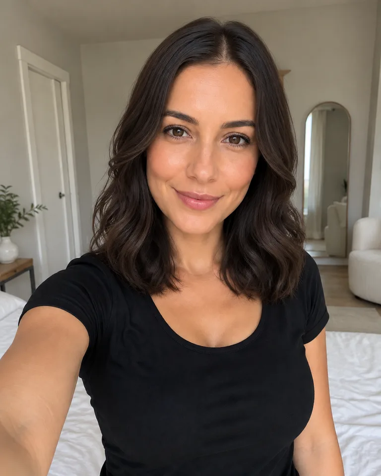AI-generated preview of the demo woman in a black shirt with shoulder-length dark brown waves in a bedroom