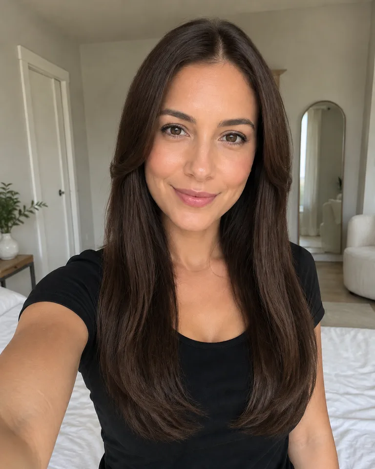 AI-generated preview of the demo woman in a black shirt with long dark brown hair and soft front pieces in a bedroom