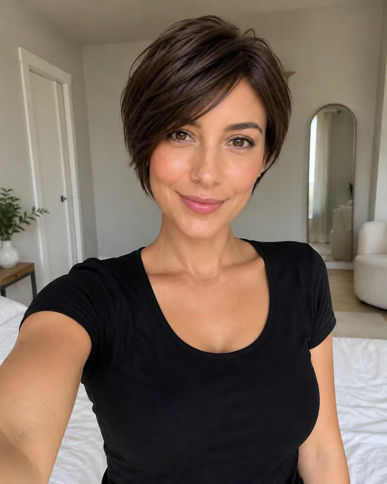 AI-generated preview of the demo woman in a black shirt with a short textured brown cut and side-swept fringe in a bedroom