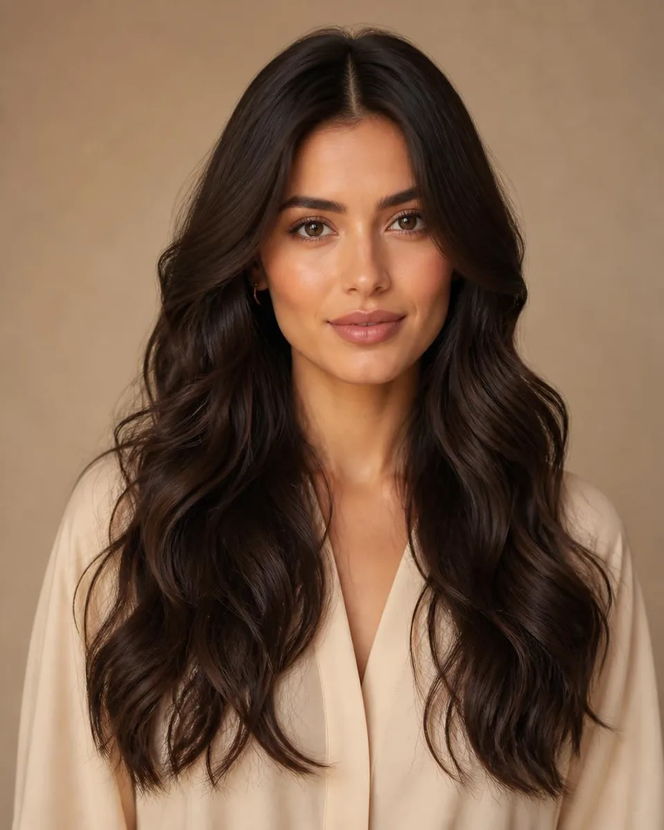 Woman with long dark brown loose wave hair with relaxed separated sections, wearing a warm ivory blouse