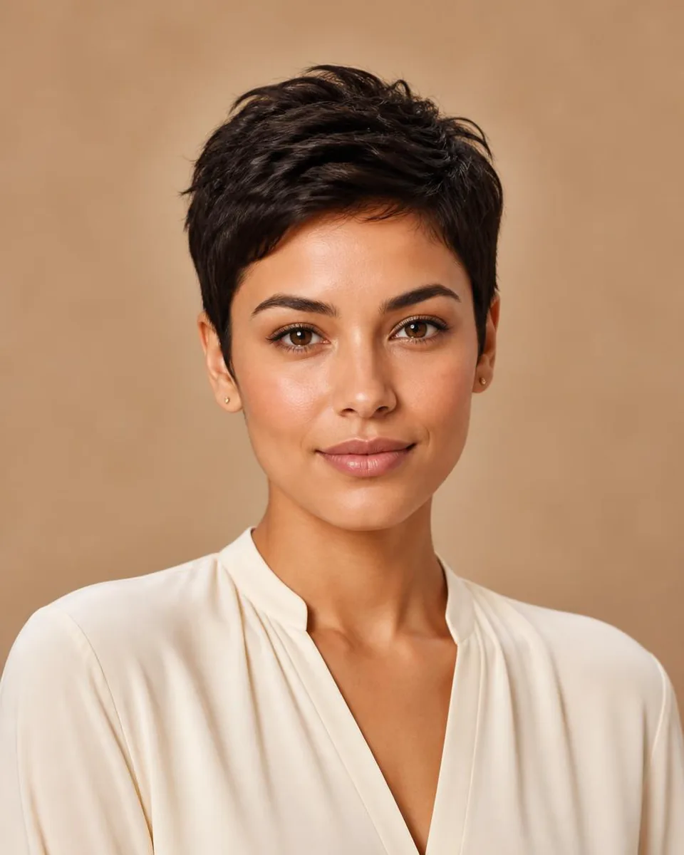Woman with a dark brown textured short pixie cut, wearing a warm ivory blouse