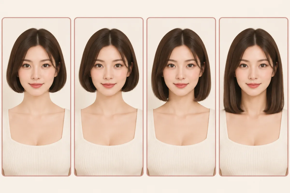 Editorial figure comparing how a bob reads at chin, jaw, neck and shoulder length on the same face