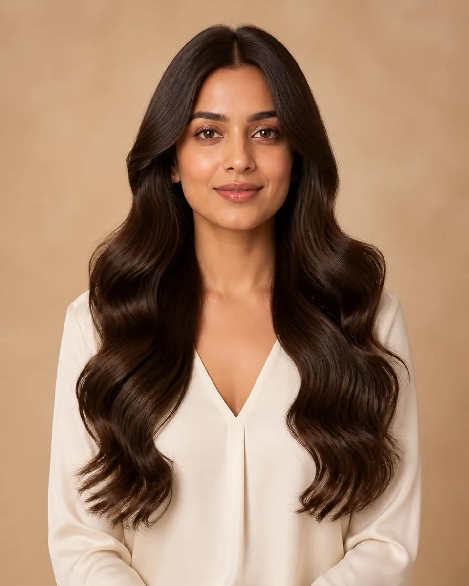 Woman with long dark brown body wave hair with broad soft bends, wearing a warm ivory blouse